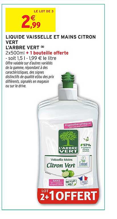 LIQUIDE VAISSELLE ET MAINS CITRON VERT L'ARBRE VERT