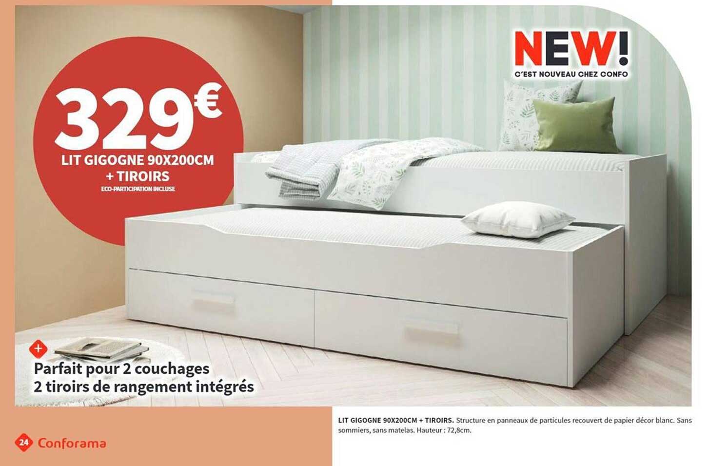 LIT GIGOGNE 90X200CM + TIROIRS