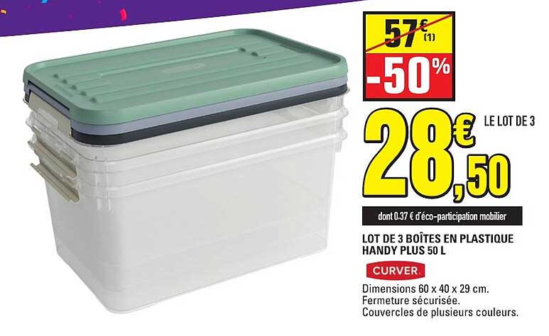 LOT DE 3 BOÎTES EN PLASTIQUE HANDY PLUS 50 L