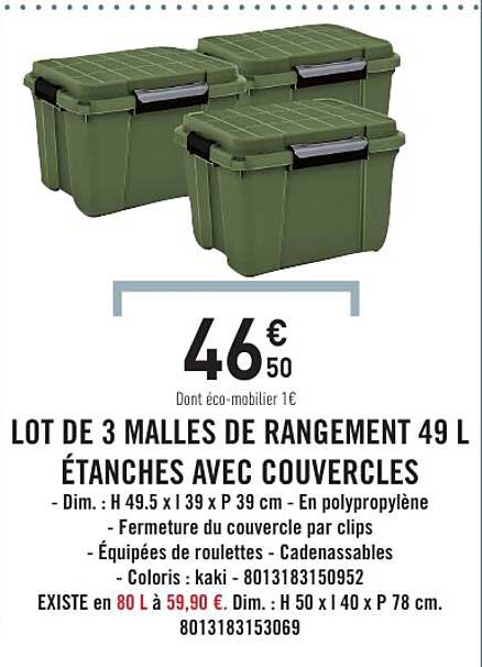 LOT DE 3 MALLES DE RANGEMENT 49 L ÉTANCHES AVEC COUVERCLES