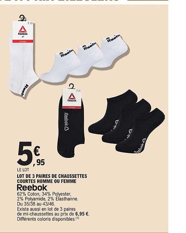 LOT DE 3 PAIRES DE CHAUSSETTES COURTES HOMME OU FEMME Reebok