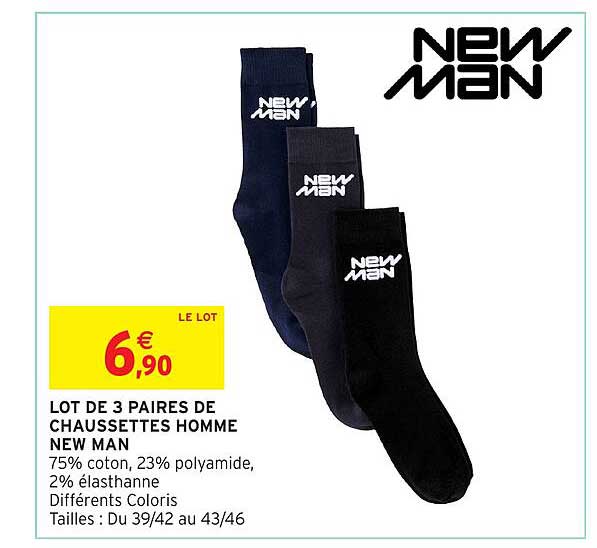 LOT DE 3 PAIRES DE CHAUSSETTES HOMME NEW MAN
