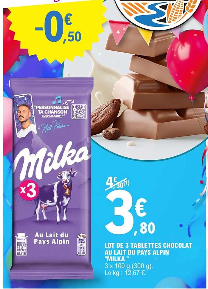 LOT DE 3 TABLETTES CHOCOLAT AU LAIT DU PAYS ALPIN "MILKA"