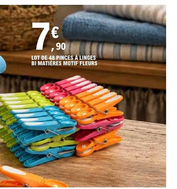 LOT DE 48 PINCES À LINGES BI MATIÈRES MOTIF FLEURS