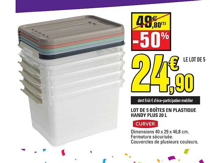 LOT DE 5 BOÎTES EN PLASTIQUE HANDY PLUS 20 L