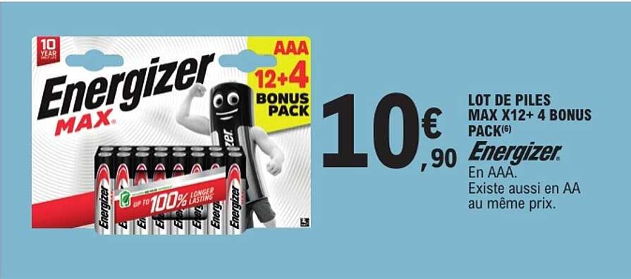 LOT DE PILES MAX X12+ 4 BONUS PACK(6) Energizer En AAA. Existe aussi en AA au même prix.