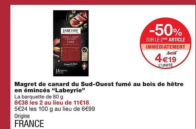 Magret de canard du Sud-Ouest fumé au bois de hêtre en émincés “Labeyrie”