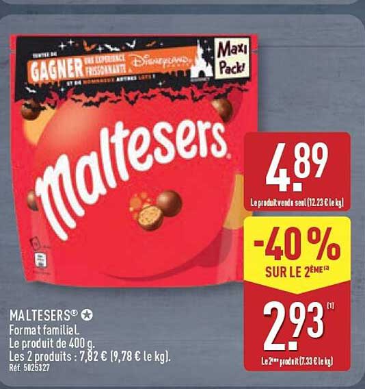 MALTESERS® Format familial. Le produit de 400 g. Les 2 produits : 7,82 € (9,78 € le kg).