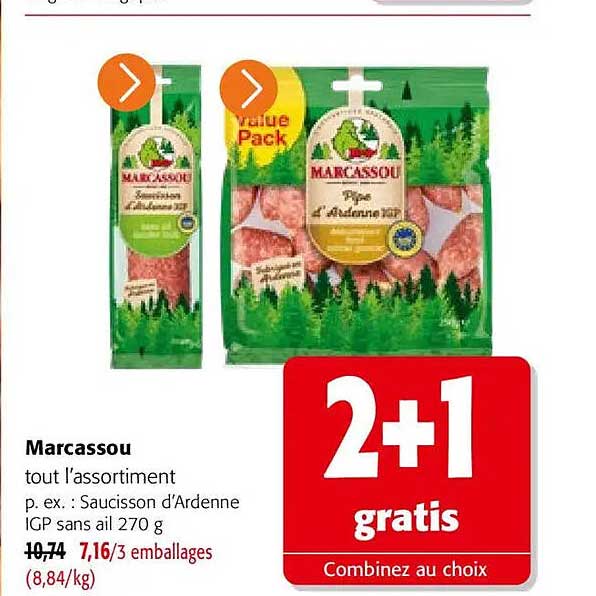 Marcassou tout l’assortiment p. ex. : Saucisson d’Ardenne IGP sans ail 270 g