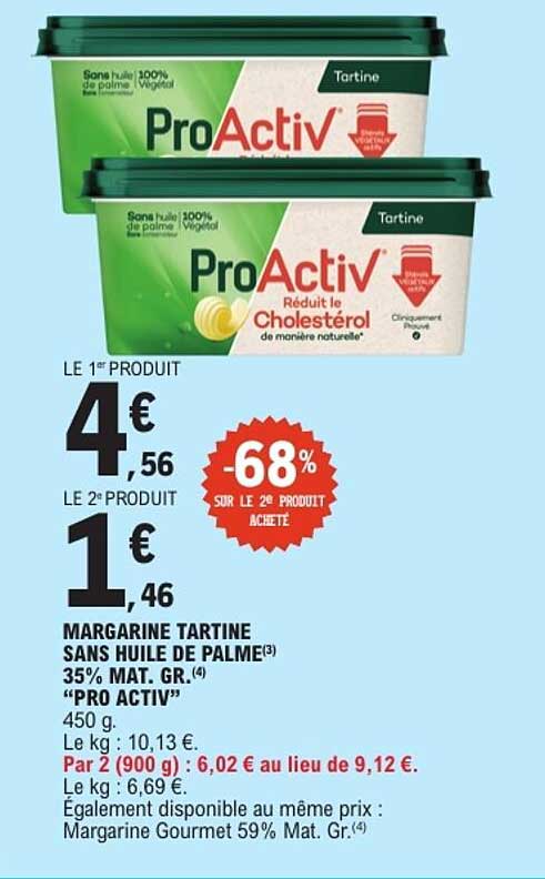 MARGARINE TARTINE SANS HUILE DE PALME 35% MAT. GR. “PRO ACTIV” 450 g