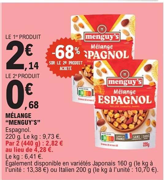 MÉLANGE “MENGUY'S” Espagnol. 220 g. Le kg : 9,73 €.