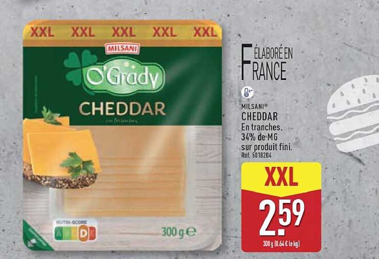 MILSANI® CHEDDAR En tranches, 34% de MG sur produit fini. Réf. 5018204