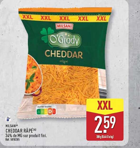 MILSANI® CHEDDAR RÂPÉ(A) 34% de MG sur produit fini.