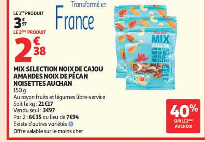 MIX SELECTION NOIX DE CAJOU AMANDES NOIX DE PÉCAN NOISETTES AUCHAN