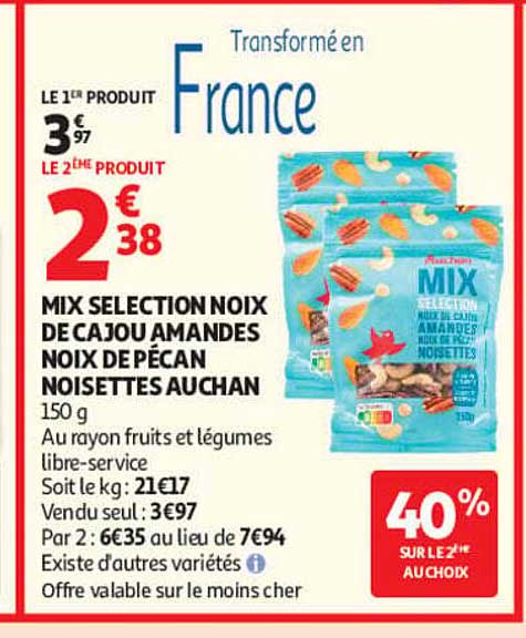 MIX SELECTION NOIX DE CAJOU AMANDES NOIX DE PÉCAN NOISETTES AUCHAN