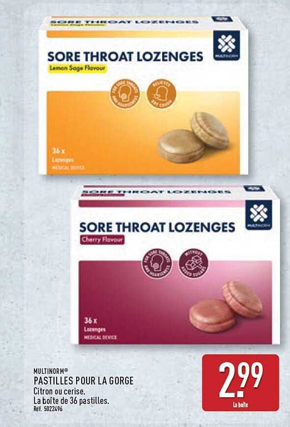 MULTINORM® PASTILLES POUR LA GORGE Citron ou cerise. La boîte de 36 pastilles. Réf. 5022496