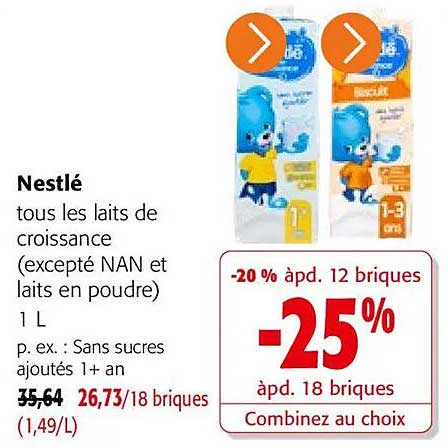 Nestlé tous les laits de croissance (excepté NAN et laits en poudre) 1 L