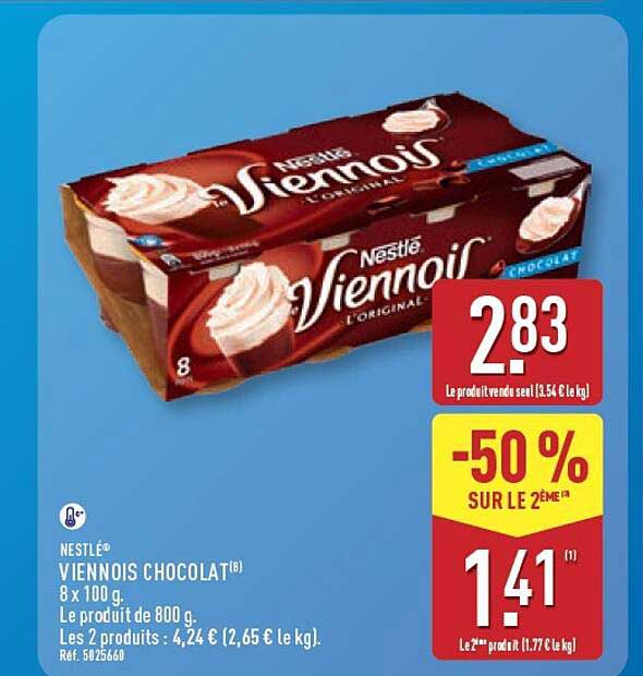 NESTLÉ VIENNOIS CHOCOLAT® 8 x 100 g. Le produit de 800 g. Les 2 produits : 4,24 € (2,65 € le kg). Réf. 5025660