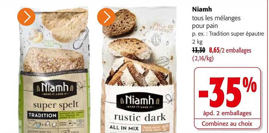 Niamh tous les mélanges pour pain p. ex. Tradition super épeautre 2 kg