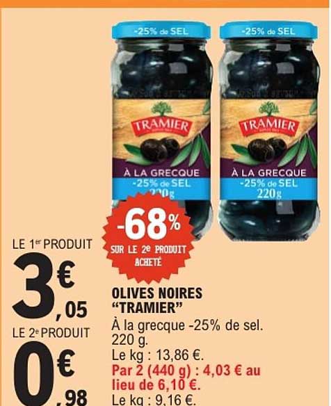 OLIVES NOIRES “TRAMIER” À LA GRECQUE -25% de sel. 220 g.