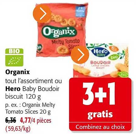 Organix tout l’assortiment ou Hero Baby Boudoir biscuit 120 g p. ex. : Organix Melty Tomato Slices 20 g