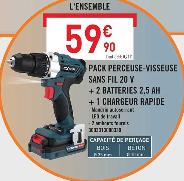 PACK PERCEUSE-VISSEUSE SANS FIL 20 V + 2 BATTERIES 2,5 AH + 1 CHARGEUR RAPIDE