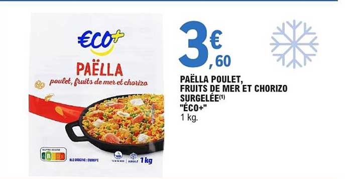 PAËLLA poulet, fruits de mer et chorizo surgelée "Eco+" 1 kg