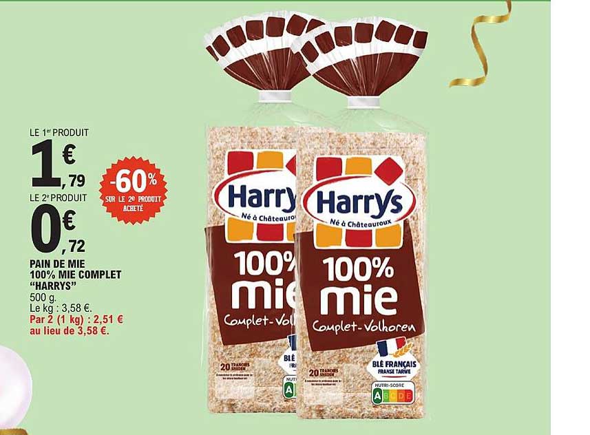 PAIN DE MIE 100% MIE COMPLET "HARRYS" 500 g
