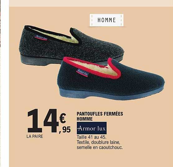 PANTOUFLES FERMÉES HOMME Armor lux Taille 41 au 45. Textile, doublure laine, semelle en caoutchouc.
