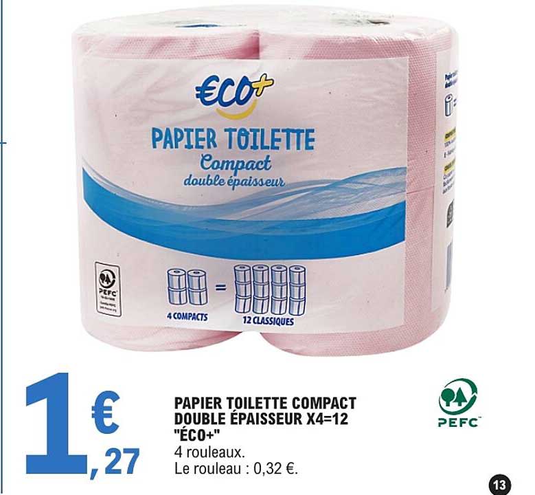 PAPIER TOILETTE COMPACT DOUBLE ÉPAISSEUR X4=12 "ÉCO+"
