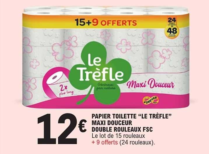 PAPIER TOILETTE “LE TRÈFLE” MAXI DOUCEUR DOUBLE ROULEAUX FSC