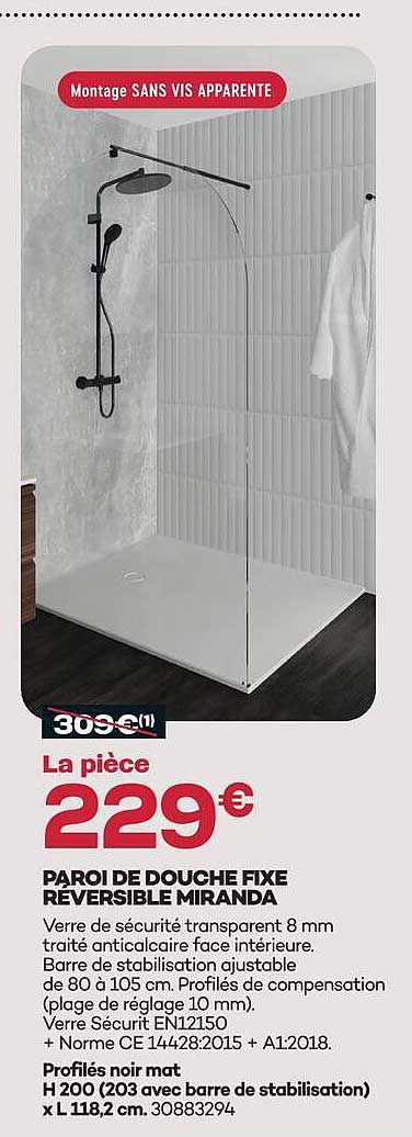 PAROI DE DOUCHE FIXE REVERSIBLE MIRANDA