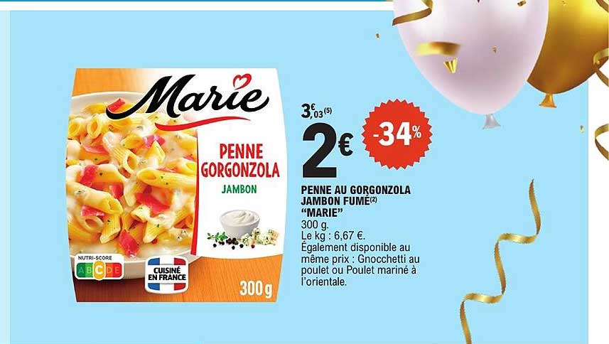 PENNE AU GORGONZOLA JAMBON FUMÉ « MARIE »