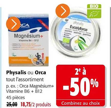 Physalis ou Orca tout l’assortiment p. ex. : Orca Magnésium+ Vitamine B6 + B12 45 pièces