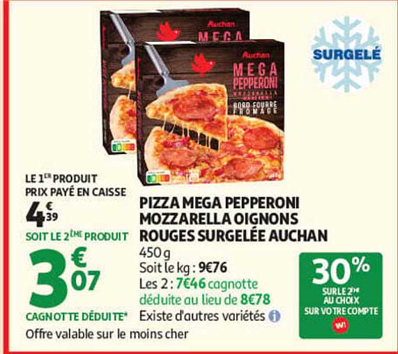 PIZZA MEGA PEPPERONI MOZARELLA OIGNONS ROUGES SURGELÉE AUCHAN