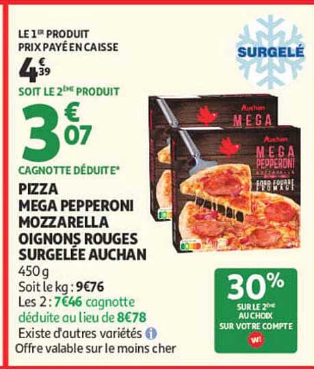 PIZZA MEGA PEPPERONI MOZZARELLA OIGNONS ROUGES SURGELÉE AUCHAN