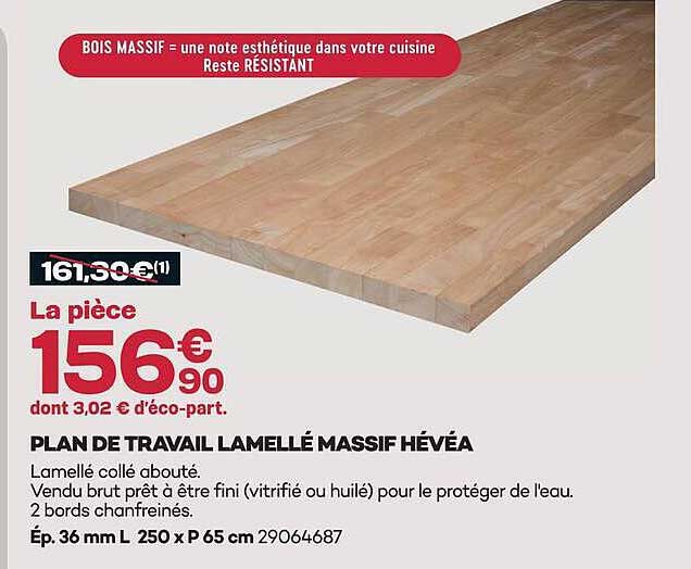 PLAN DE TRAVAIL LAMELLÉ MASSIF HÉVÉA