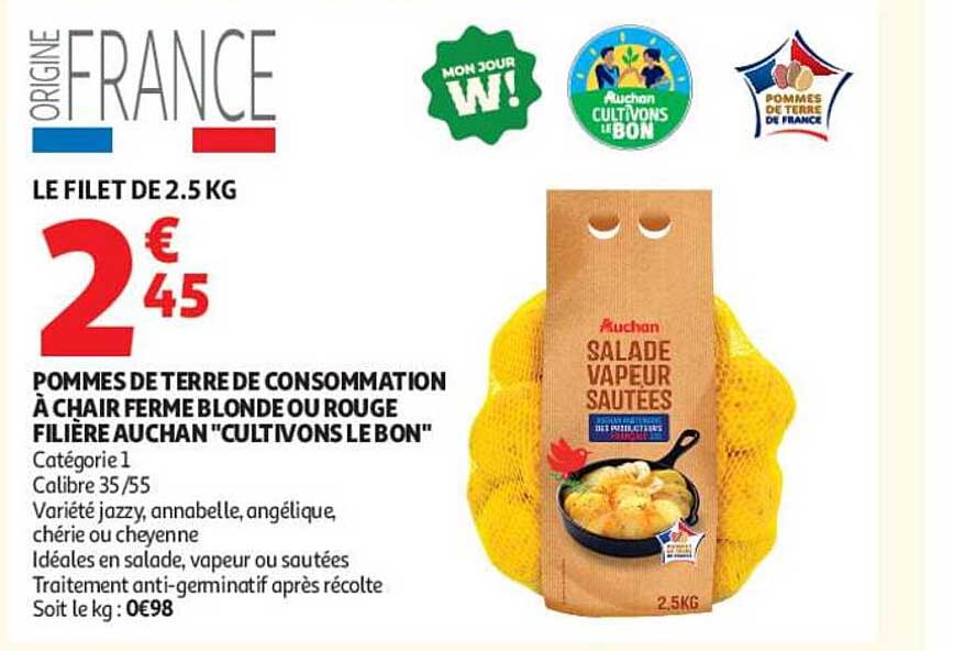 POMMES DE TERRE DE CONSOMMATION À CHAIR FERME BLONDE OU ROUGE FILIERE AUCHAN "CULTIVONS LE BON"