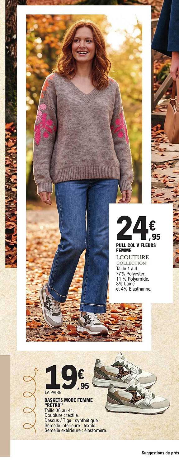 PULL COL V FLEURS FEMME