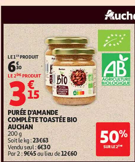 PURÉE D'AMANDE COMPLÈTE TOASTÉE BIO AUCHAN