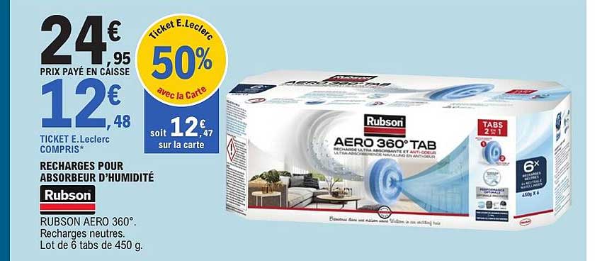 RECHARGES POUR ABSORBER L’HUMIDITÉ Rubson AERO 360°: Recharges neutres. Lot de 6 tabs de 450 g.