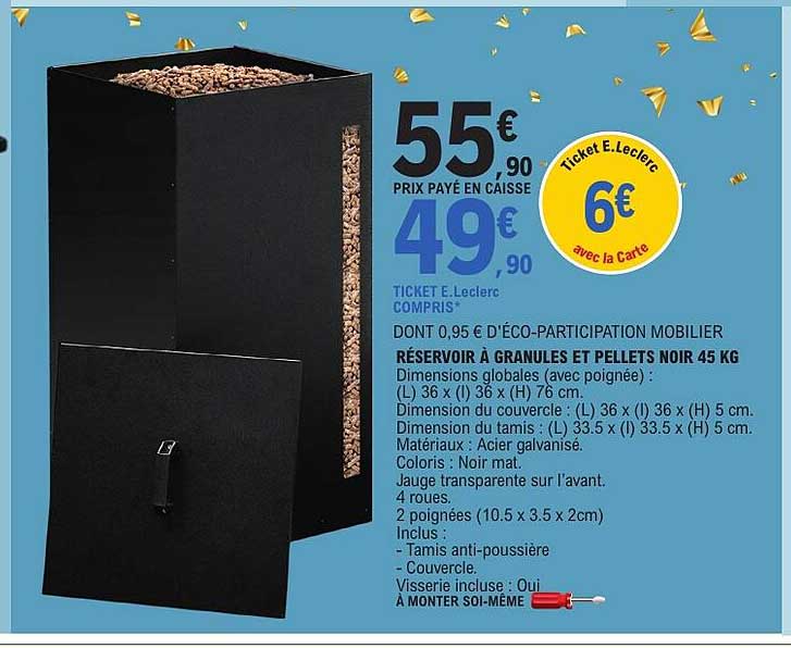 RÉSERVOIR À GRANULES ET PELLETS NOIR 45 KG