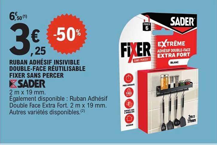 RUBAN ADHÉSIF INVISIBLE DOUBLE-FACE RÉUTILISABLE FIXER SANS PERCER SADER