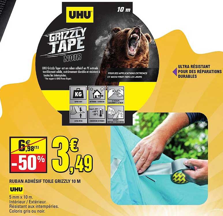RUBAN ADHÉSIF TOILE GRIZZLY 10 M