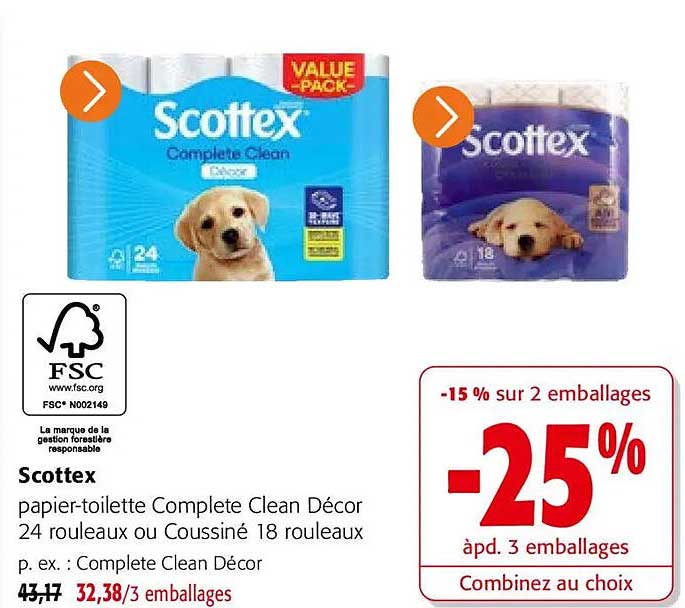 Scottex Papier-toilette Complete Clean Décor 24 rouleaux ou Coussiné 18 rouleaux