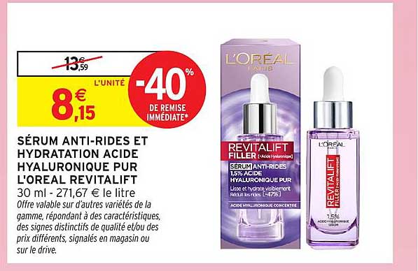 SÉRUM ANTI-RIDES ET HYDRATATION ACIDE HYALURONIQUE PUR L'OREAL REVITALIFT