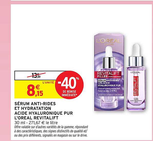 SÉRUM ANTI-RIDES ET HYDRATATION ACIDE HYALURONIQUE PUR L'OREAL REVITALIFT