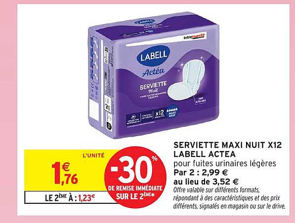 SERVIETTE MAXI NUIT X12 LABELL ACTEA