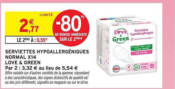 SERVIETTES HYPOALLERGÉNIQUES NORMAL X14 LOVE & GREEN