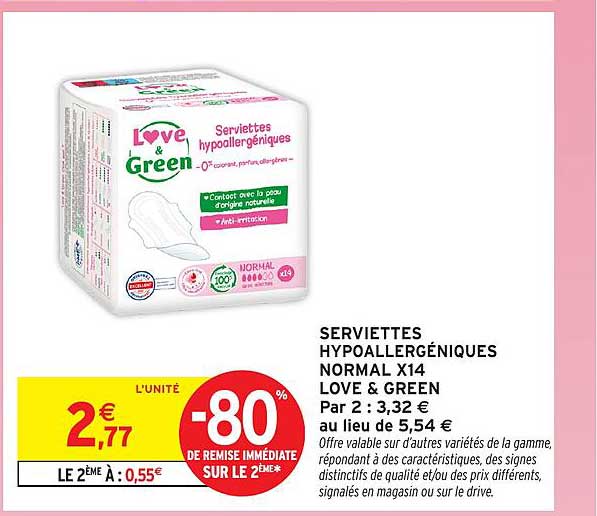 SERVIETTES HYPOALLERGÉNIQUES NORMAL X14 LOVE & GREEN